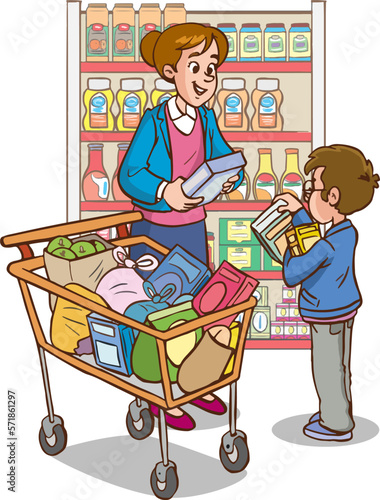 shopping kids and family cartoon vector illustration