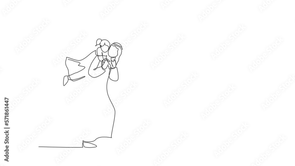 Animated self drawing of one continuous line draw young Arabian dad holding daughter on the back and play together. Happy Islamic muslim parenting family concept. Full length single line animation. Animated self drawing of one continuous line draw young Arabian dad holding daughter on the back and play together. Happy Islamic muslim parenting family concept. Full length single line animation.