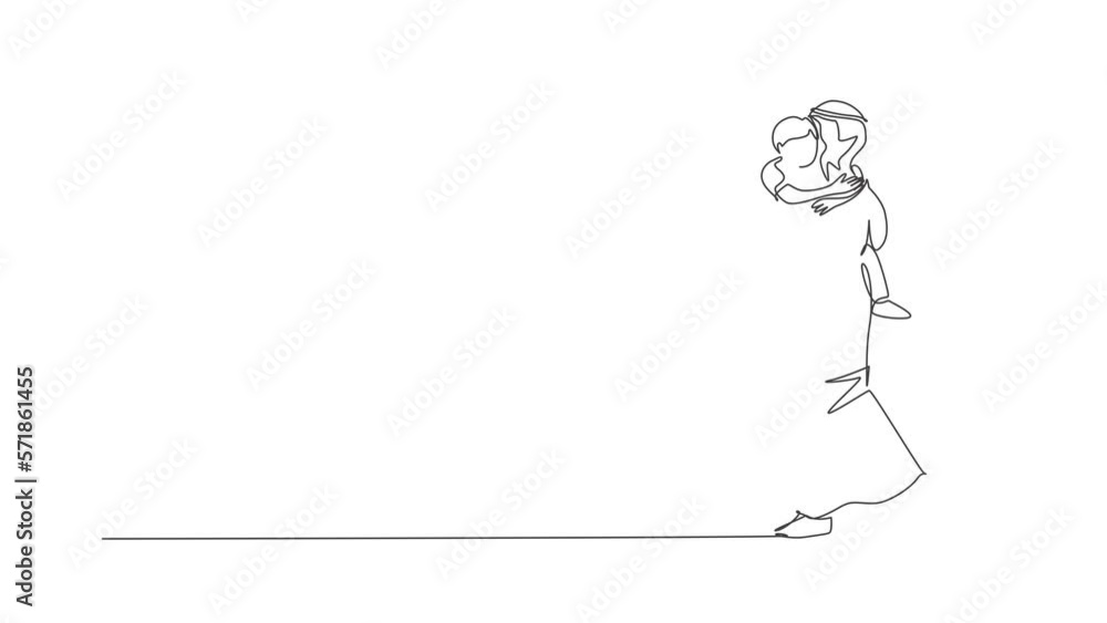 Animated self drawing of single continuous line draw young Arabian father hugging and carrying his son boy go to bedroom. Islamic muslim happy family fatherhood concept. Full length one line animation Animated self drawing of single continuous line draw young Arabian father hugging and carrying his son boy go to bedroom. Islamic muslim happy family fatherhood concept. Full length one line animation