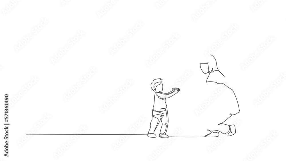 Animation of one line drawing of Islamic toddler boy learn to walk to mother and ready to catch. Happy Arabian muslim family parenting concept. Continuous line self draw animated. Full length motion. Animation of one line drawing of Islamic toddler boy learn to walk to mother and ready to catch. Happy Arabian muslim family parenting concept. Continuous line self draw animated. Full length motion.