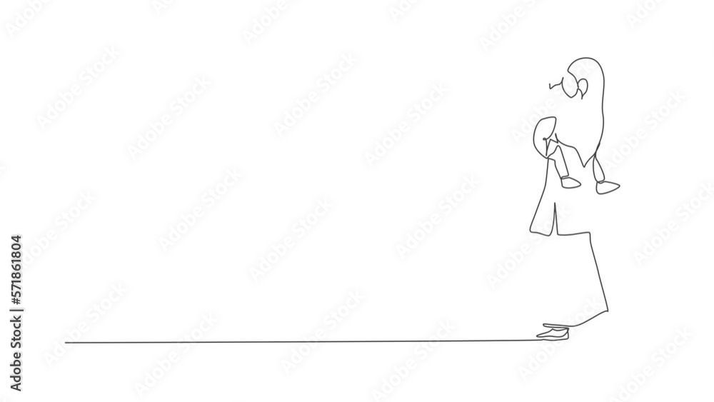 Animated self drawing of single continuous line draw young Islamic daughter sleeping on mom's hug while walk to bedroom. Arabian muslim happy family motherhood concept. Full length one line animation. Animated self drawing of single continuous line draw young Islamic daughter sleeping on mom's hug while walk to bedroom. Arabian muslim happy family motherhood concept. Full length one line animation.