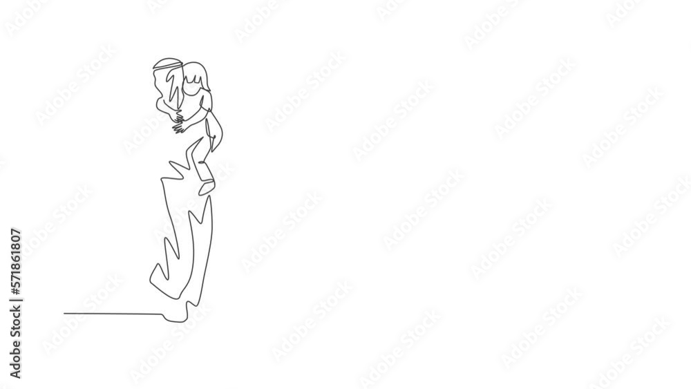 Animation of one line drawing of Islamic dad carrying and hugging his sleepy daughter to bedroom. Happy Arabian muslim family parenting concept. Continuous line self draw animated. Full length motion. Animation of one line drawing of Islamic dad carrying and hugging his sleepy daughter to bedroom. Happy Arabian muslim family parenting concept. Continuous line self draw animated. Full length motion.