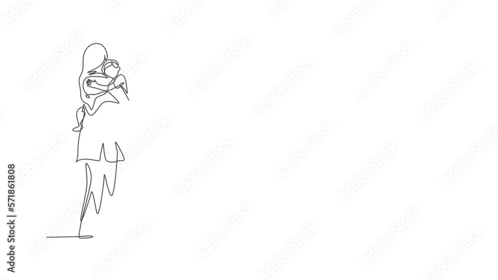 Animated self drawing of one continuous line draw young Islamic mother hugging and carrying her sleepy boy to bedroom. Happy Arabian muslim parenting family concept. Full length single line animation. Animated self drawing of one continuous line draw young Islamic mother hugging and carrying her sleepy boy to bedroom. Happy Arabian muslim parenting family concept. Full length single line animation.