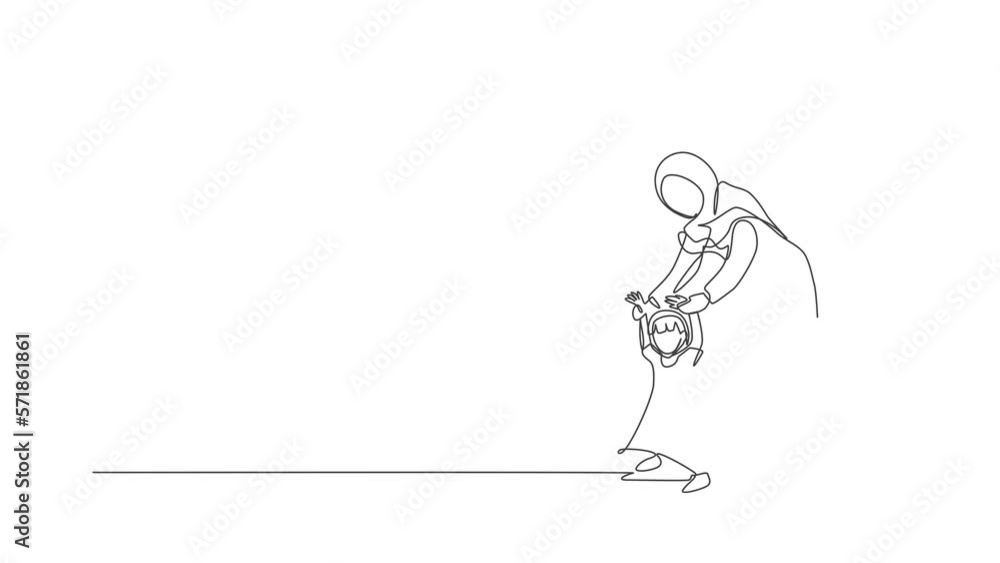 Animation of one line drawing of young Arabian mom holding her daughter's hand, learn to walk. Happy Islamic muslim family parenting concept. Continuous line self draw animated. Full length motion. Animation of one line drawing of young Arabian mom holding her daughter's hand, learn to walk. Happy Islamic muslim family parenting concept. Continuous line self draw animated. Full length motion.