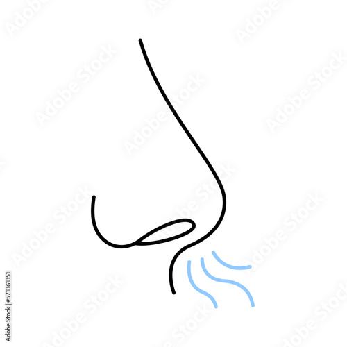 Nose, breath, line icon. Nasal breathing, odour sense. Nasal breath, healthy yoga and exercise. Human organ of smell. Nose inhale and exhale of air, smoke, steam. Vector