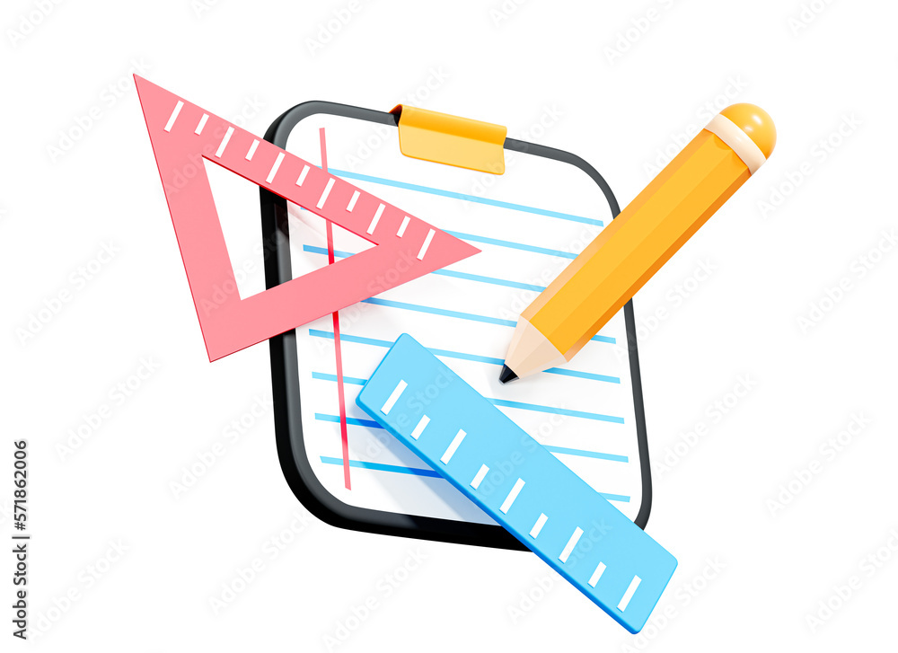 3D Notebook with pencil, ruler and triangular. School tools. Stationery for education and office. Supply for mathematics and geometry. Cartoon creative design icon isolated on white. 3D Rendering