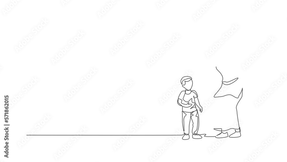 Animation of one line drawing of Islamic mother talk to her son and reprimand about his attitude. Happy Arabian muslim family parenting concept. Continuous line self draw animated. Full length motion. Animation of one line drawing of Islamic mother talk to her son and reprimand about his attitude. Happy Arabian muslim family parenting concept. Continuous line self draw animated. Full length motion.
