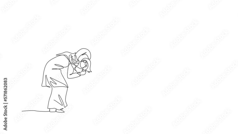 Animated self drawing of single continuous line draw young Arabian mom hug daughter before go to school, happy parenting. Islamic muslim family care, motherhood concept. Full length one line animation Animated self drawing of single continuous line draw young Arabian mom hug daughter before go to school, happy parenting. Islamic muslim family care, motherhood concept. Full length one line animation