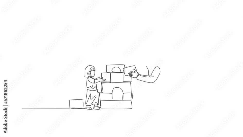 Animated self drawing of continuous line draw young Islamic mom playing block foam brick house with daughter at home, happy parenting. Arabian family care concept. Full length one line animation. Animated self drawing of continuous line draw young Islamic mom playing block foam brick house with daughter at home, happy parenting. Arabian family care concept. Full length one line animation.