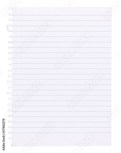 Close up from piece of lined paper wripped out of a book. Copy space. Isolated cutout on a transparent background.