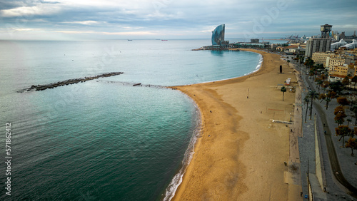 Aerial view of Barceloneta district and Beach front in Barcelona. View with the W hotel in the back photo