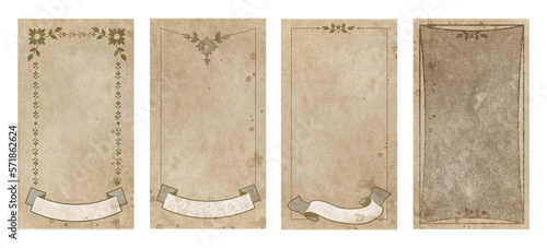 Set of ornamental frames for playing cards, invitations, menus... on aged and stained paper background.