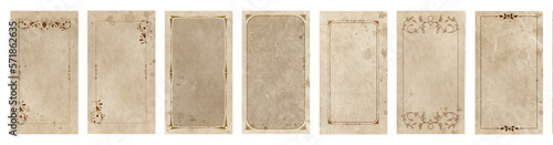 Set of ornamental frames for playing cards, invitations, menus... on aged and stained paper background.