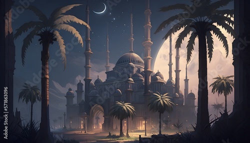 Beautiful Mosque at night illustration with palm trees landscape wallpaper