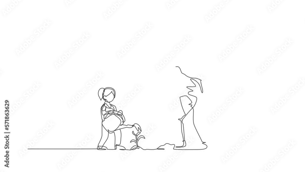 Animation of one line drawing father digging ground using shovel and daughter watering a plant at home garden. Happy parenting learning concept. Continuous line self draw animated. Full length motion. Animation of one line drawing father digging ground using shovel and daughter watering a plant at home garden. Happy parenting learning concept. Continuous line self draw animated. Full length motion.
