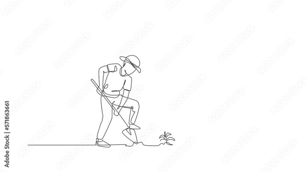 Animated self drawing of single continuous line draw young dad digging ground using shovel and son watering a plant at home garden . Happy family parenthood concept. Full length one line animation. Animated self drawing of single continuous line draw young dad digging ground using shovel and son watering a plant at home garden . Happy family parenthood concept. Full length one line animation.