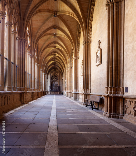 Ornate gothic cloister arcade arches of the Catholic  Pamplona