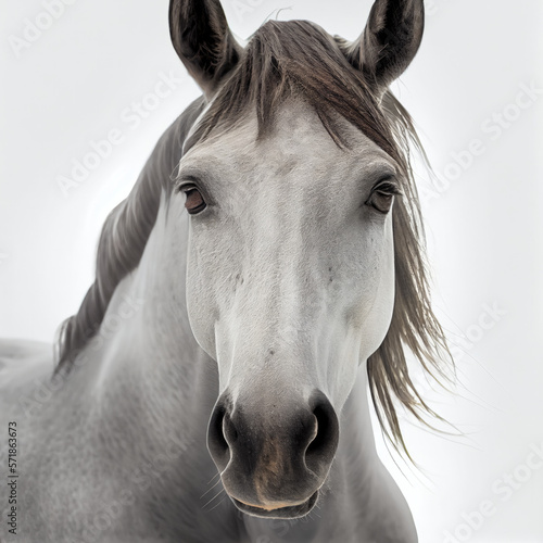 Adult white Horse portrait isolated on a white background. Generative AI. 