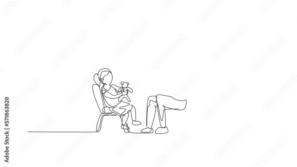 Animated self drawing of one continuous line draw young father and his daughter siting on chair and playing princess doll together at home. Happy family concept. Full length single line animation. Animated self drawing of one continuous line draw young father and his daughter siting on chair and playing princess doll together at home. Happy family concept. Full length single line animation.