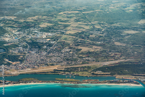 Aerial Landscape view of area around Santa Marta in Cuba with old Santa Marta Airport, Laguna de Paso Malo and a long tropical beach 
