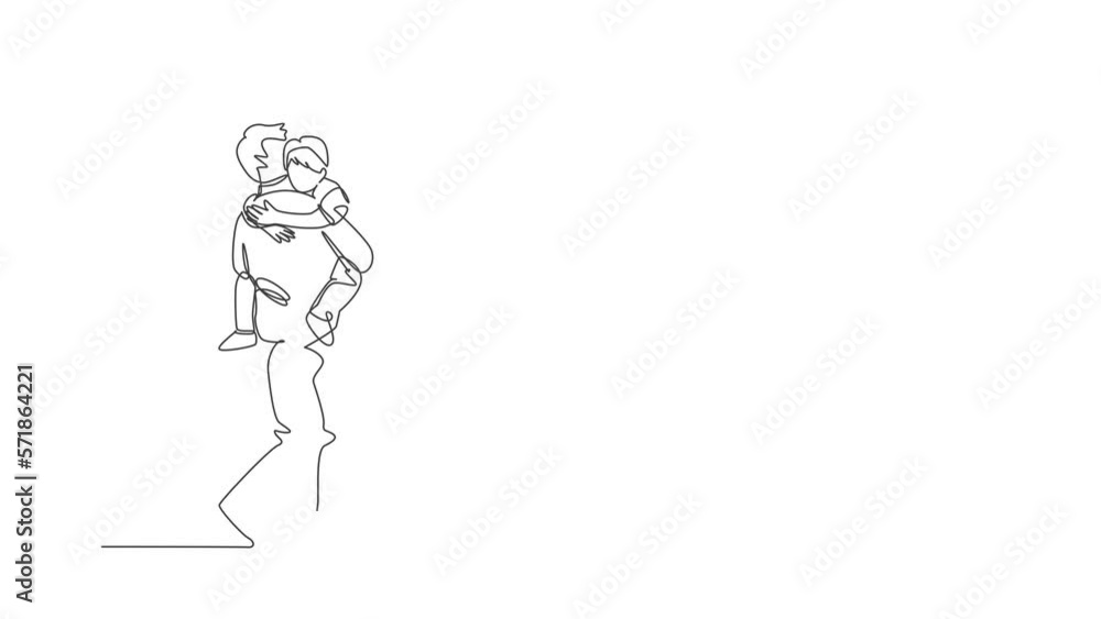 Animated self drawing of continuous line draw young dad carrying his sleepy tired daughter go to the bed room at home. Happy family parenthood concept. Full length single line animation illustration. Animated self drawing of continuous line draw young dad carrying his sleepy tired daughter go to the bed room at home. Happy family parenthood concept. Full length single line animation illustration.