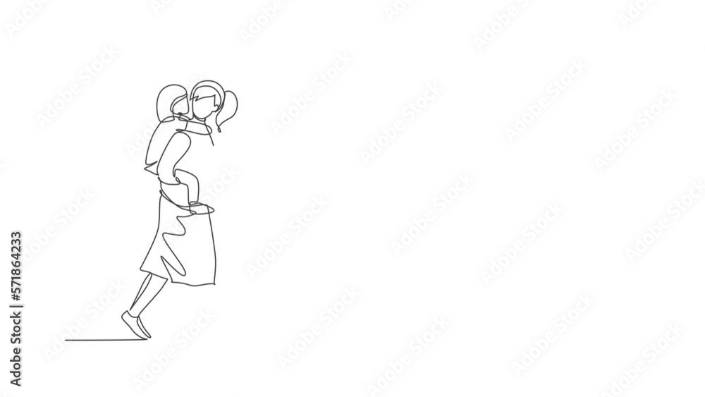 Animation of one line drawing of mom talking while carrying her sleepy tired daughter on back go to the bed room. Happy family parenting concept. Continuous line self draw animated. Full length motion Animation of one line drawing of mom talking while carrying her sleepy tired daughter on back go to the bed room. Happy family parenting concept. Continuous line self draw animated. Full length motion