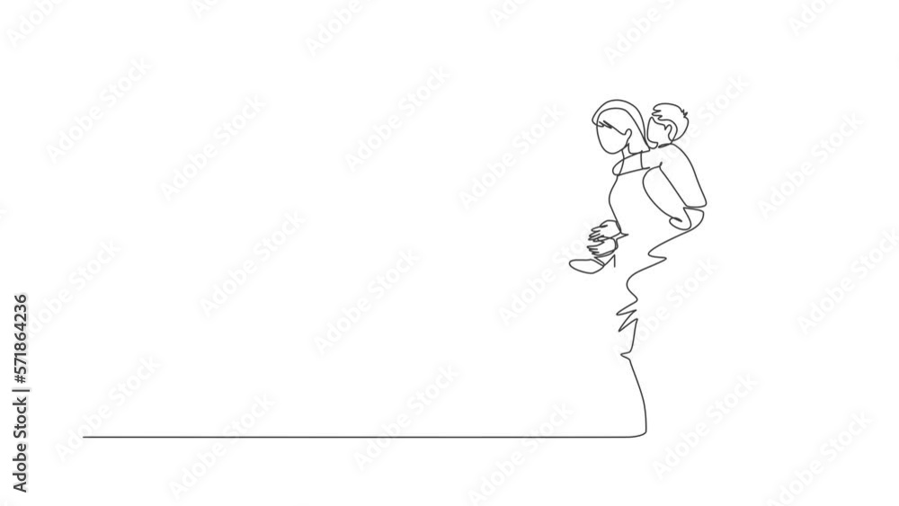 Animated self drawing of continuous line draw young mother walking while carrying her sleepy tired son on back go to the bed room. Happy family parenthood concept. Full length single line animation. Animated self drawing of continuous line draw young mother walking while carrying her sleepy tired son on back go to the bed room. Happy family parenthood concept. Full length single line animation.