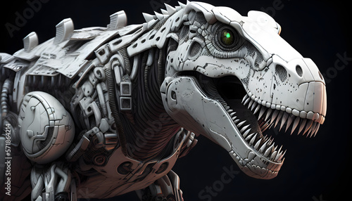 Bionic white tyrannosaurus rex with green eyes machine dinosaur close-up © jv_tr