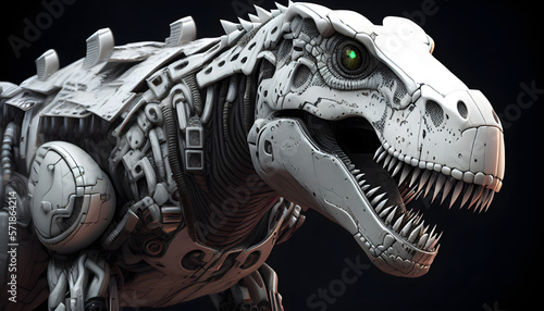 Fototapeta Naklejka Na Ścianę i Meble -  Bionic white tyrannosaurus rex with green eyes machine dinosaur close-up