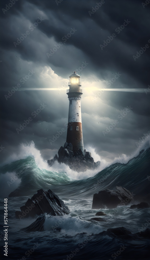 isolated centered lighthouse watching over a stormy sea, created with generative ai