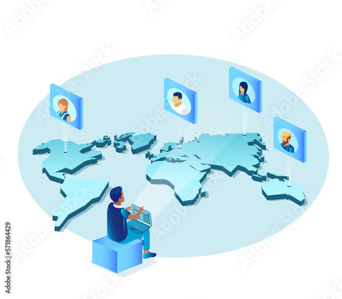 Vector of a freelancer with a laptop chatting with multiple people around the world