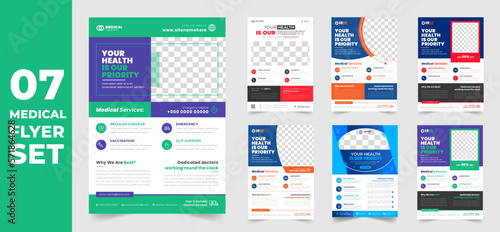 set of 7 Mega collection medical health care doctor flyer design template. medical healthcare flyer bundle. healthcare flyer set. set of 7 Item medical healthcare flyer with unique shapes.