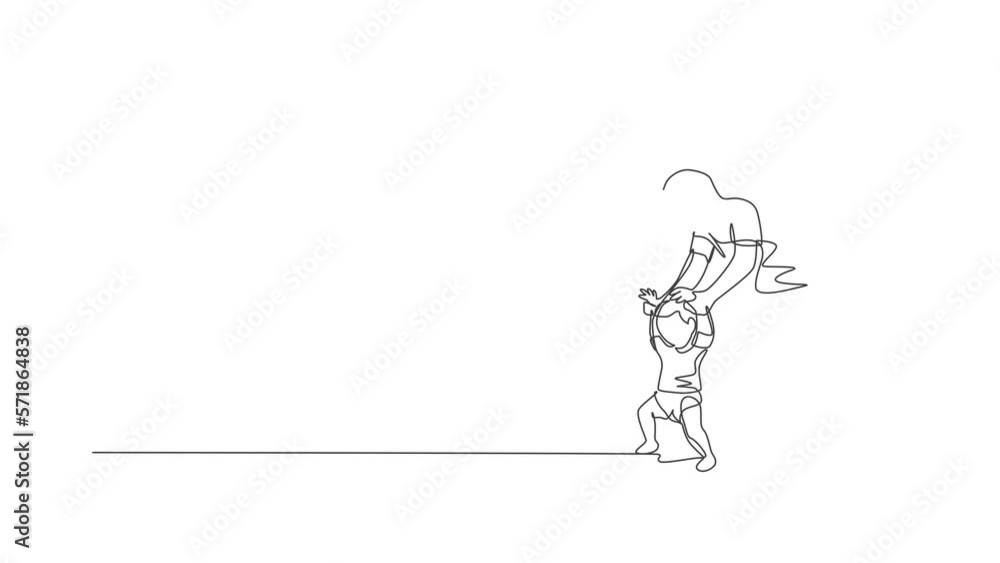 Animated self drawing of one continuous line draw young father teaching his son learning lead walk at home. Happy family parenthood concept. Full length single line animation illustration. Animated self drawing of one continuous line draw young father teaching his son learning lead walk at home. Happy family parenthood concept. Full length single line animation illustration.