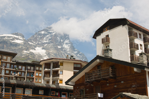 View of the historic center of Breuil-Cervinia alpine town with mount Cervino in the background, Aosta Valley