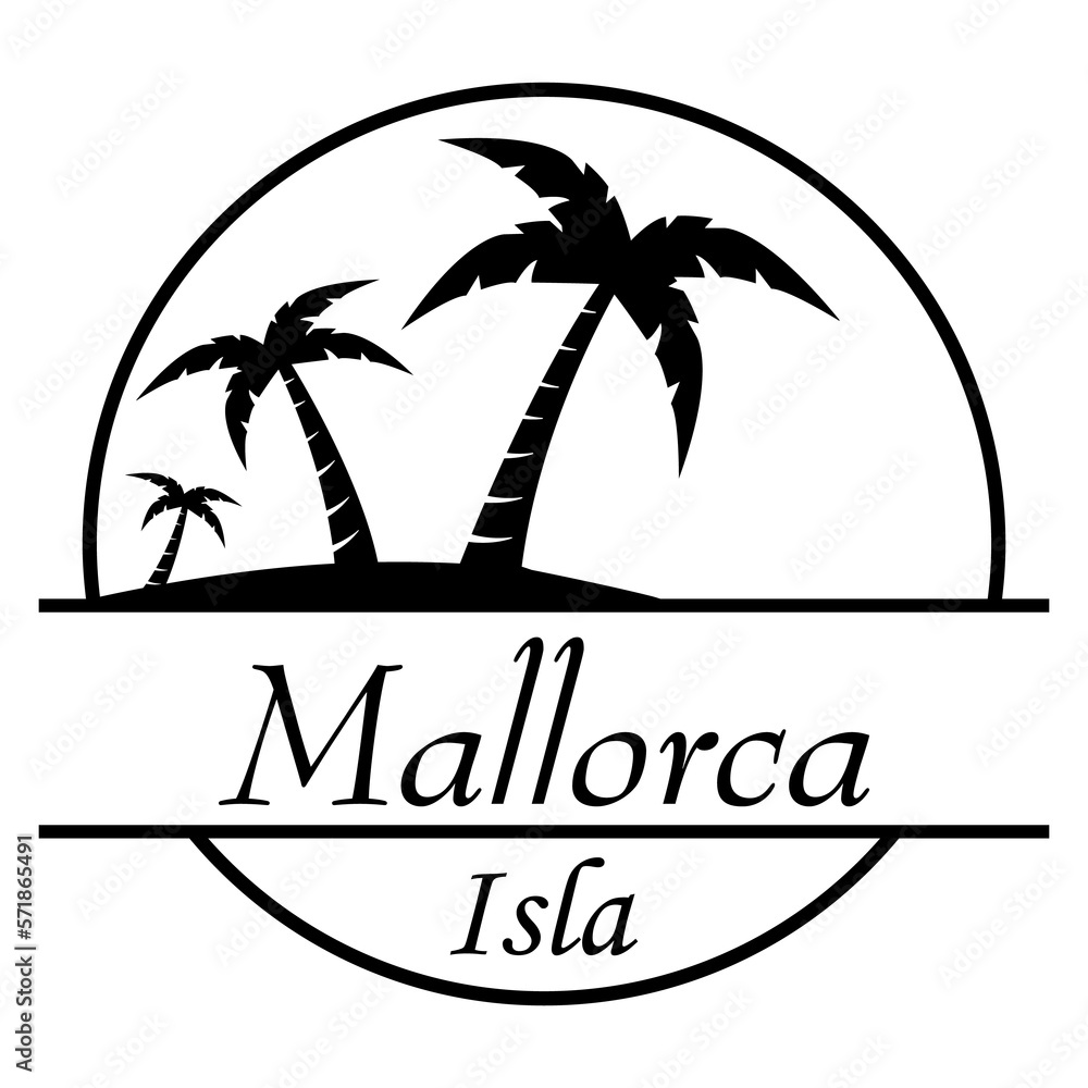 Destino de vacaciones. Logo aislado con texto manuscrito Mallorca Isla en español con silueta de isla con palmeras en círculo lineal