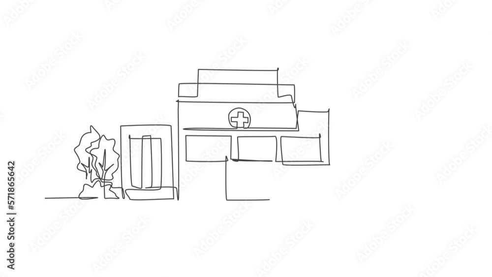 Animation of single one line drawing of clean hospital building construction. Medical healthcare infrastructure isolated doodle minimal concept. Continuous line self draw animated. Full length motion. Animation of single one line drawing of clean hospital building construction. Medical healthcare infrastructure isolated doodle minimal concept. Continuous line self draw animated. Full length motion.