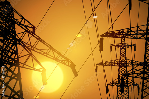 Sunset power lines. Vector illustration electricity transmission.