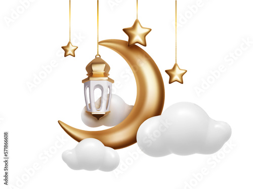Composition with crescent moon lantern, cloud and stars for islamic holy month decoration. Decorative 3d elements for Muslim holidays