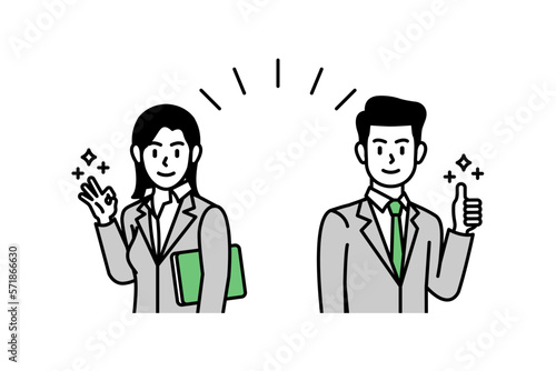 Cartoon illustration of a business man and business woman posing positively and confidently expressing growth and success in business, assets, stocks, etc.