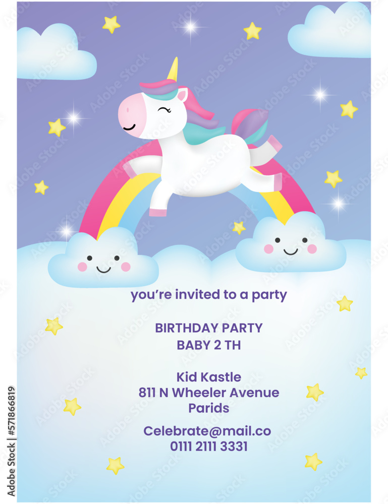 Unicorn Birthday Invitation and baby shower Card Template with cute ...