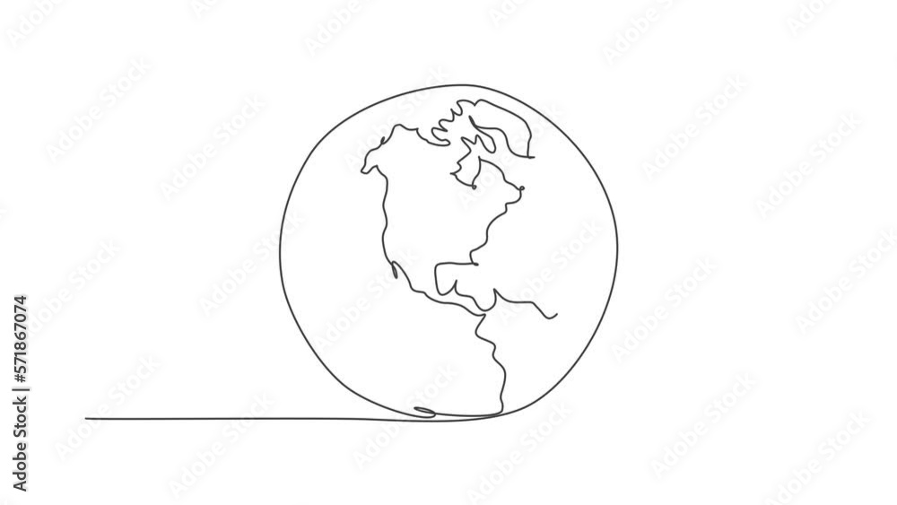 Round earth globe. Animated self drawing of continuous one line draw world map minimalist on white background. Simple line draw style. Hand drawn concept for education. Full length single line motion.