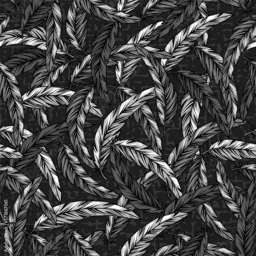 Seamless gray camouflage pattern with intertwined feathers. Textured with small abstract shapes background. Dense composition with overlapping elements. Good for t-shirt design, textile, sport goods