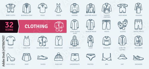 Clothing icon pack. Collection of thin line clothing icons