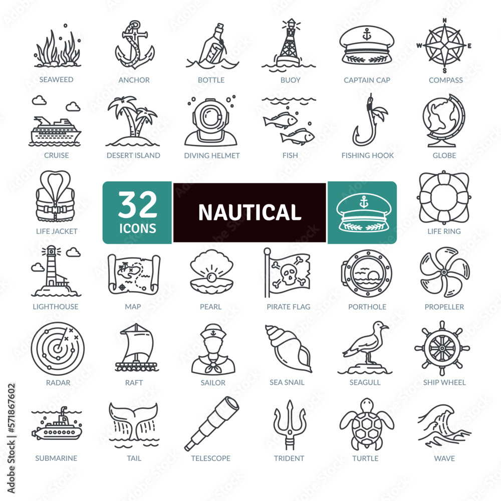 Nautical and ocean icons Pack. Thin line icon collection. Outline web icon set Nautical and ocean icons Pack. Thin line icon collection. Outline web icon set