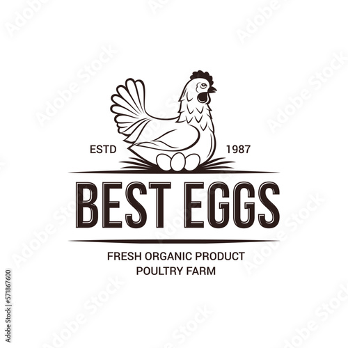 Chicken Poultry Farm Monochrome Logo, Vintage Premium Quality. Fresh Organic Chicken Eggs Farmer Logotype, or Badge Design. Isolated on White Background