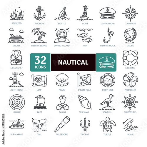 Nautical and ocean icons Pack. Thin line icon collection. Outline web icon set
