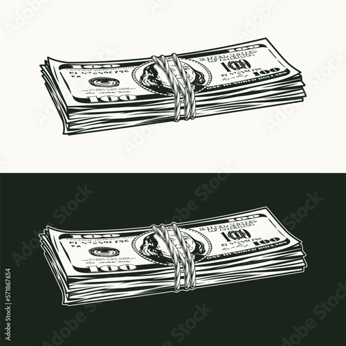 Lying wad of 100 dollar bills tied with jute rope. Banknotes with front obverse side. Cash money. Vintage style. Monochrome vector illustration. Side view
