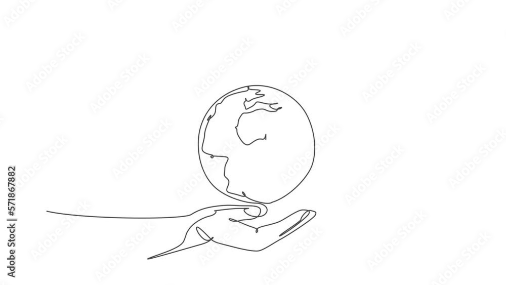 Hand hold globe earth. Animated self drawing of continuous line world map icon. Full length one line animation doodle for environment campaign concept. Isolated illustration minimalist on background. Hand hold globe earth. Animated self drawing of continuous line world map icon. Full length one line animation doodle for environment campaign concept. Isolated illustration minimalist on background.