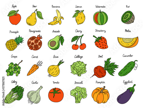 Fruits and vegetables with the title. Set of color vector icons.