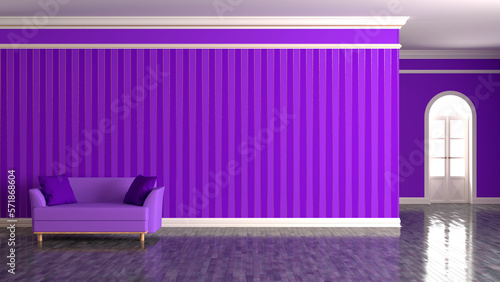 Purple sofa with pillows. Purple wallpaper background.Classic interior with striped wallpaper. Perspective. 3d render illustration mock up.